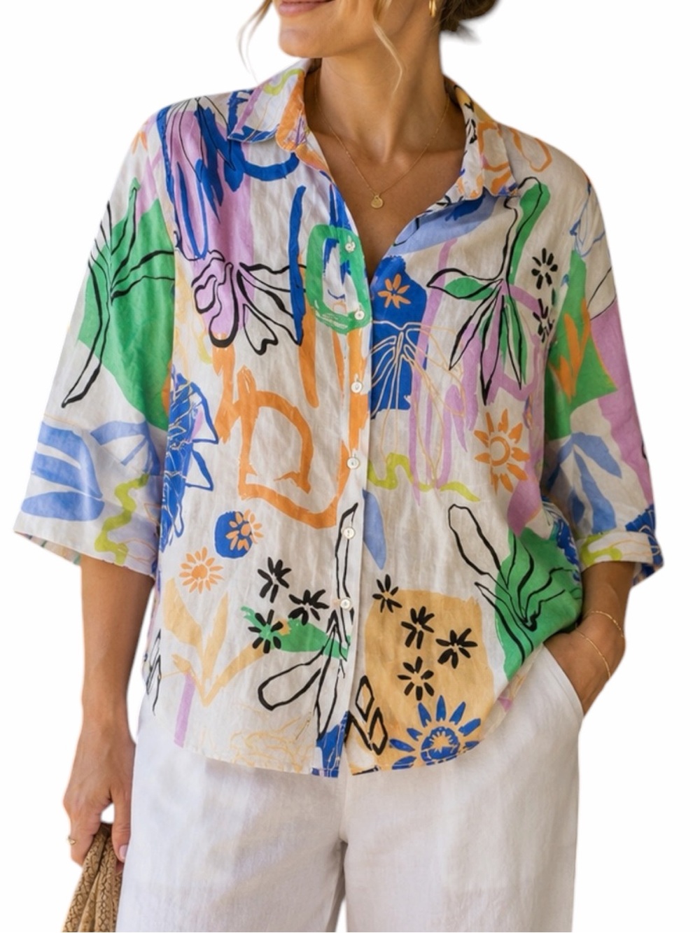 Chico’s Surreal Escape Linen Floral Button Down Shirt 2.5 US 14